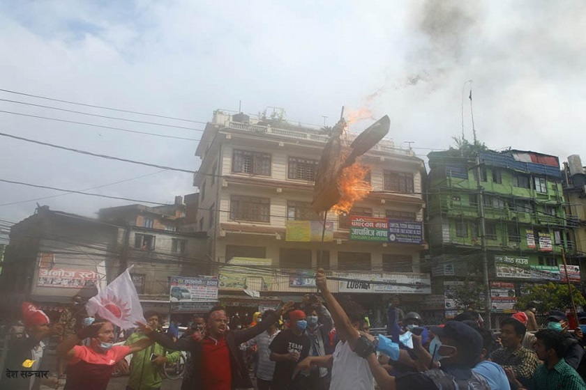 ओली समर्थक विद्यार्थीहरुले जलाए माधव नेपालको पुतला